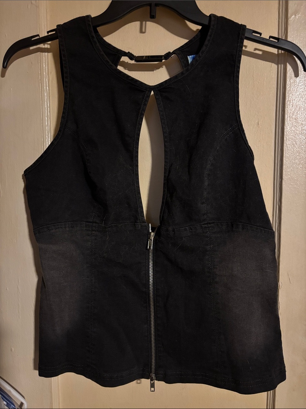 Urban Outfitters front zip backless black denim halter top cute